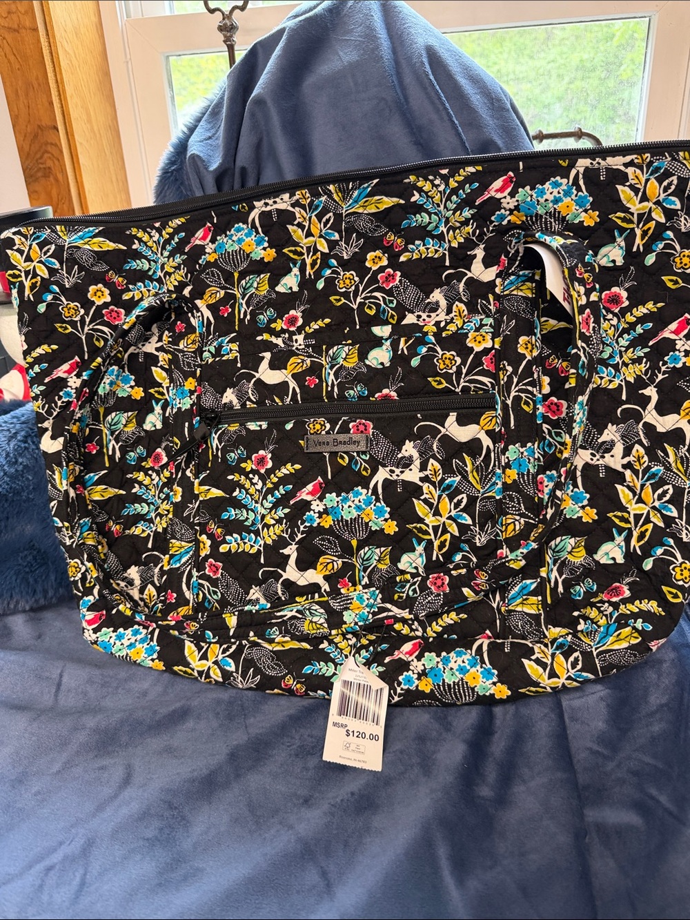 Vera Bradley Black Quilted Tote with Turquoise, Yellow and Pink Floral Print